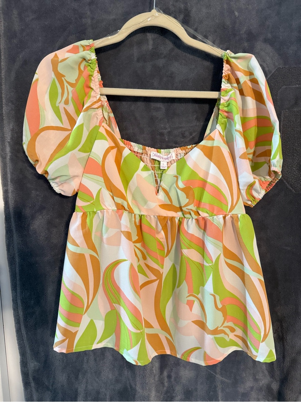 Peplum Puff-Sleeve Blouse in Green & Peach - Contemporary Women's Top